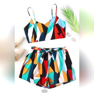 Geo print cami with belted shorts